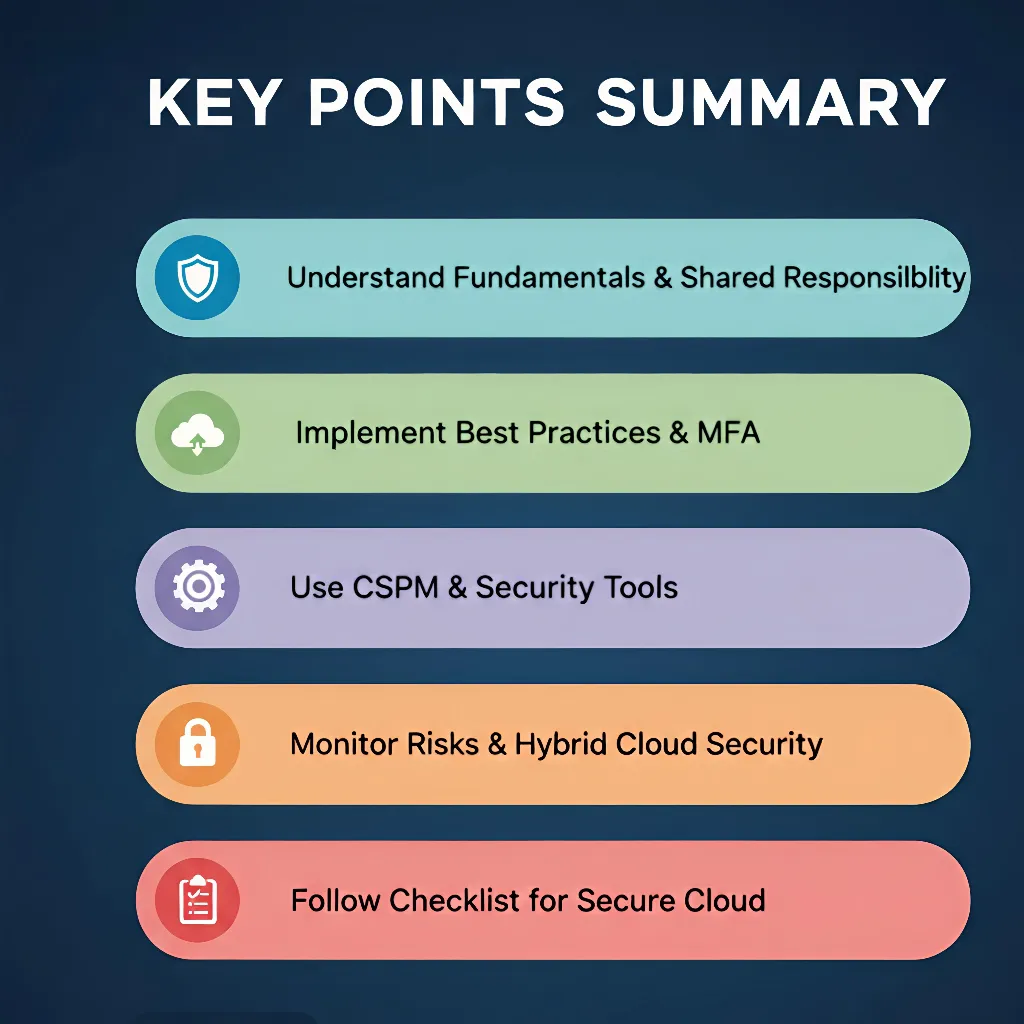 Summary infographic showing key points of cloud security tips, architecture, and best practices