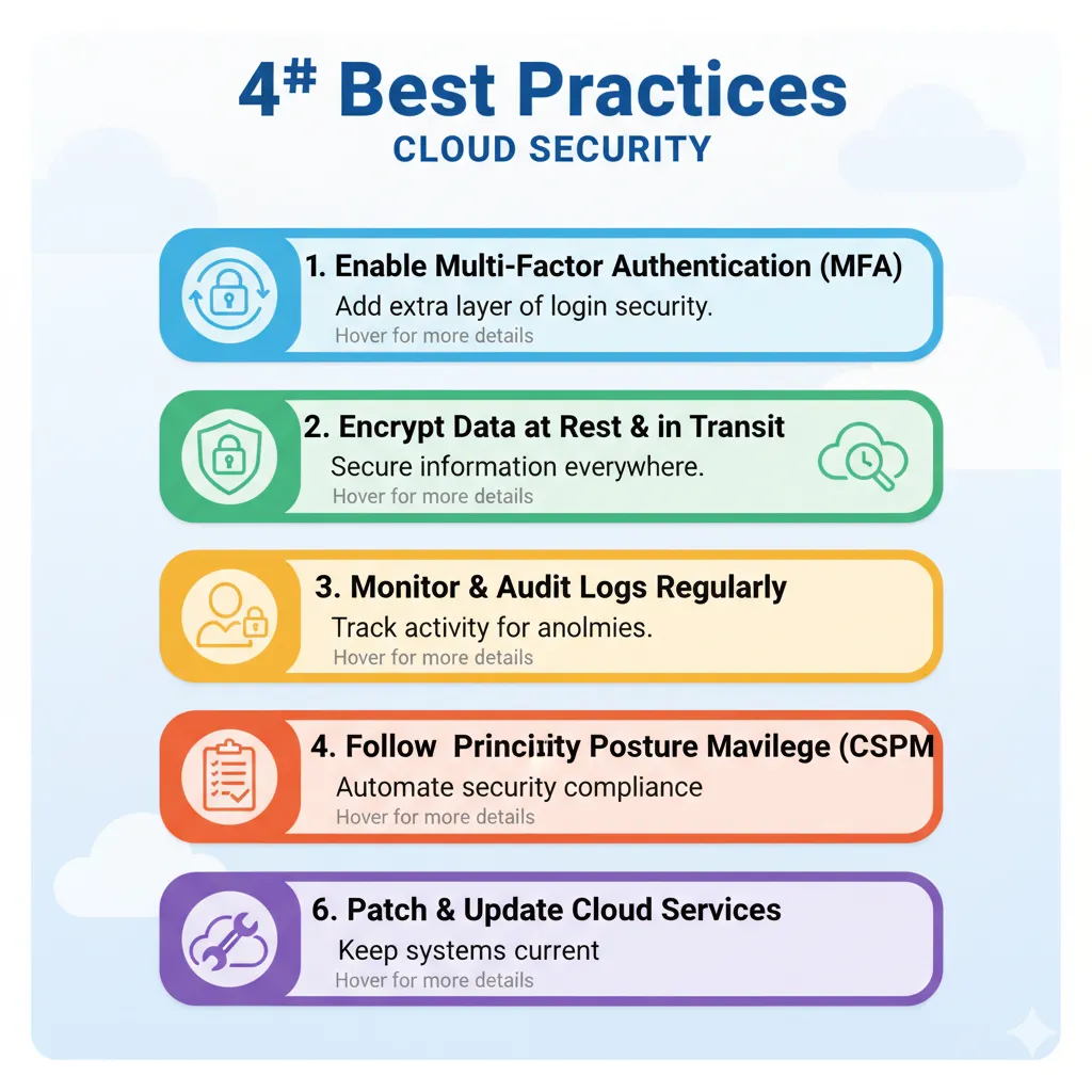 Infographic showing important cloud security best practices like MFA and encryption