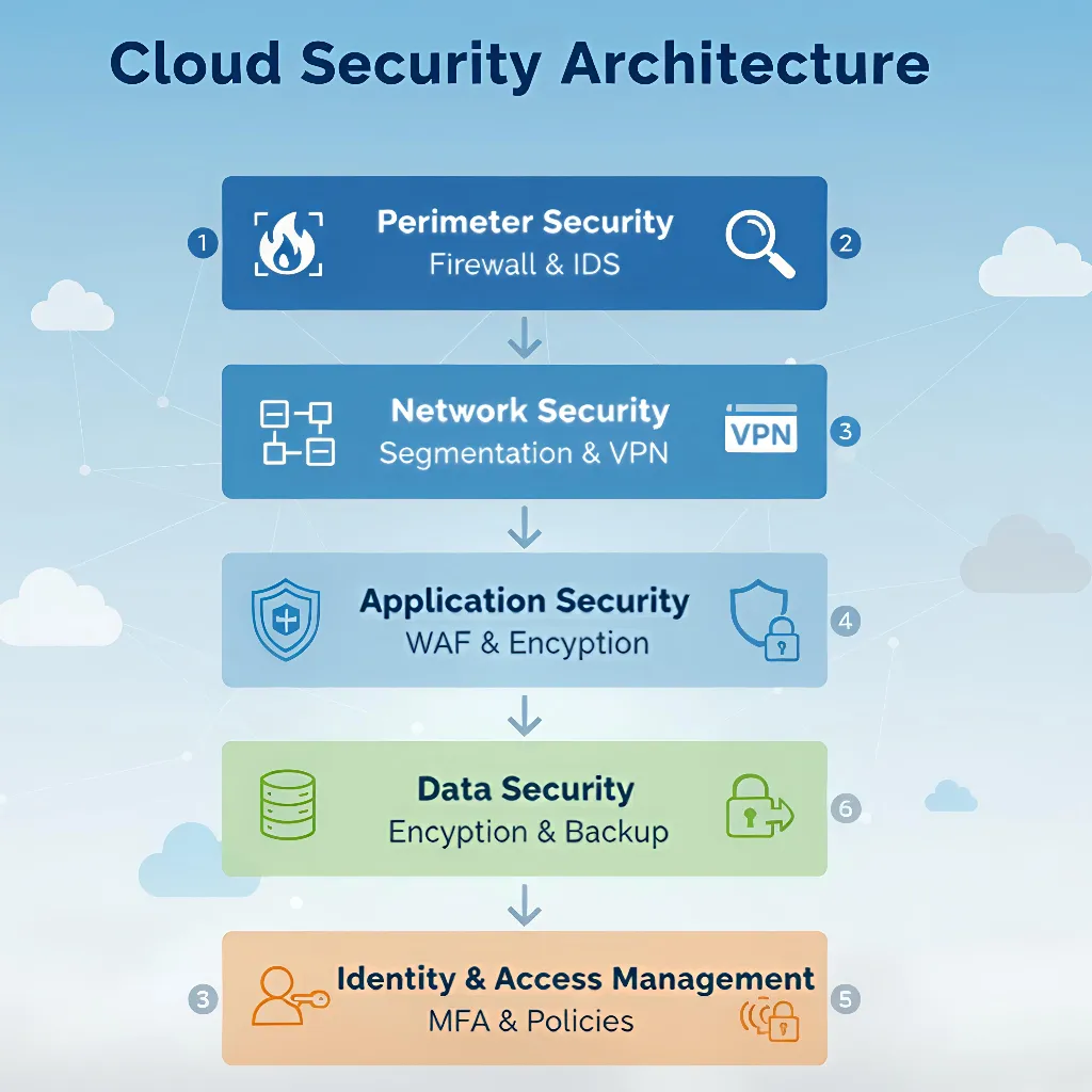 Layered cloud security architecture showing perimeter, network, application, data and IAM