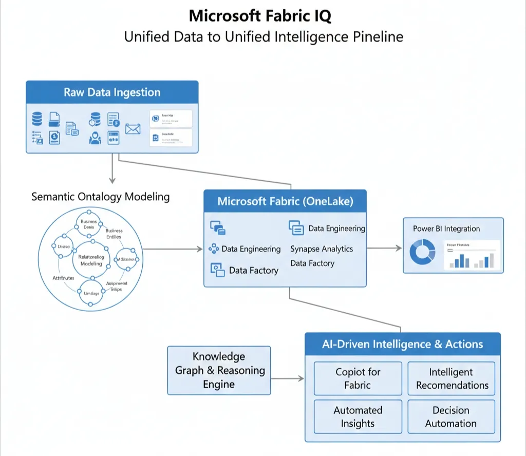 Visualization of Microsoft Fabric IQ ontology illustrating interconnected business entities and semantic relationships