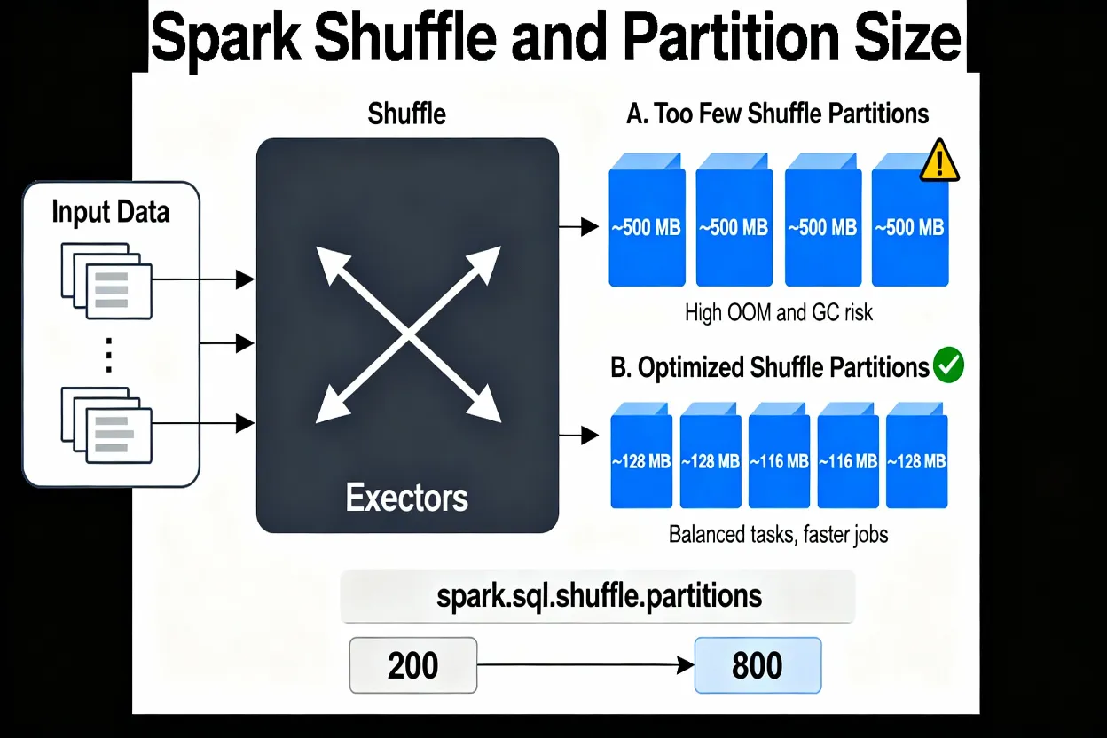 Spark shuffle partitions diagram showing data movement and partition sizes