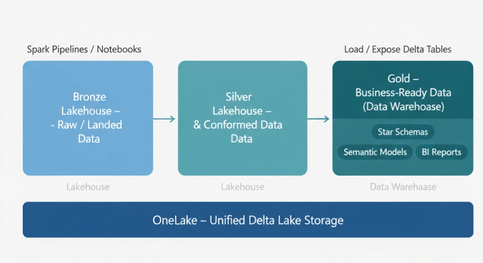 Better together architecture with Lakehouse for bronze and silver, Warehouse for gold