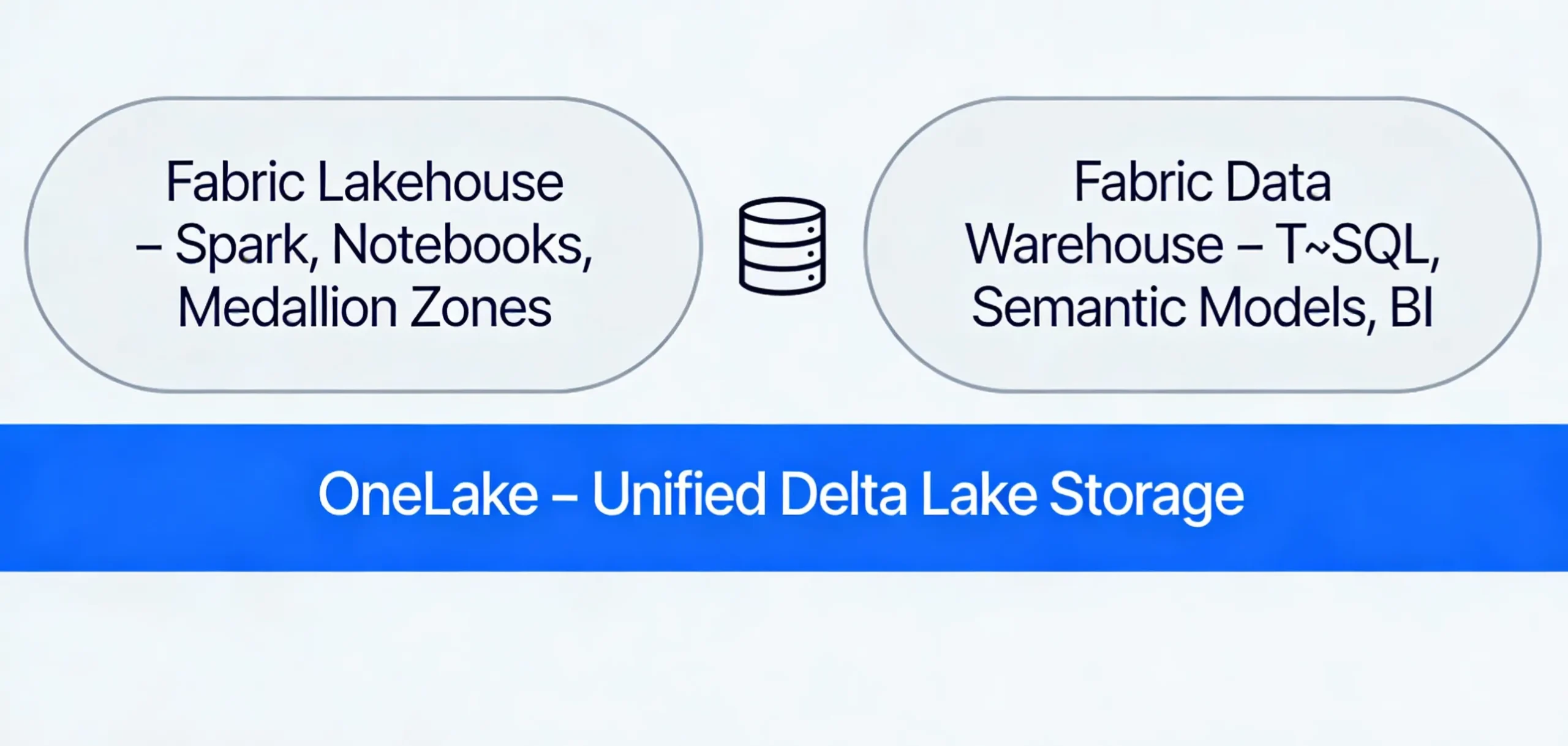 OneLake diagram showing Fabric Lakehouse and Data Warehouse storing Delta tables on unified storage