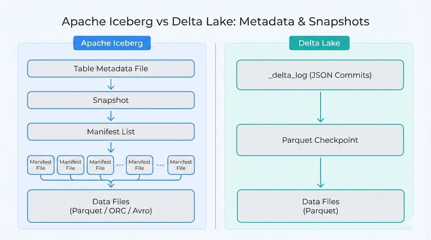 Comparison of Apache Iceberg snapshot metadata tree and Delta Lake transaction log