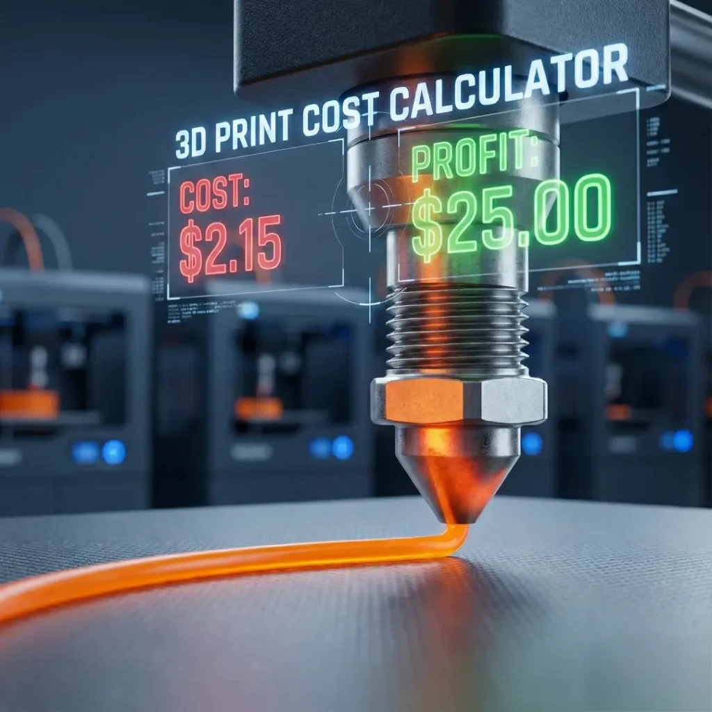 3D print cost calculator thumbnail showing nozzle extrusion and profit margins