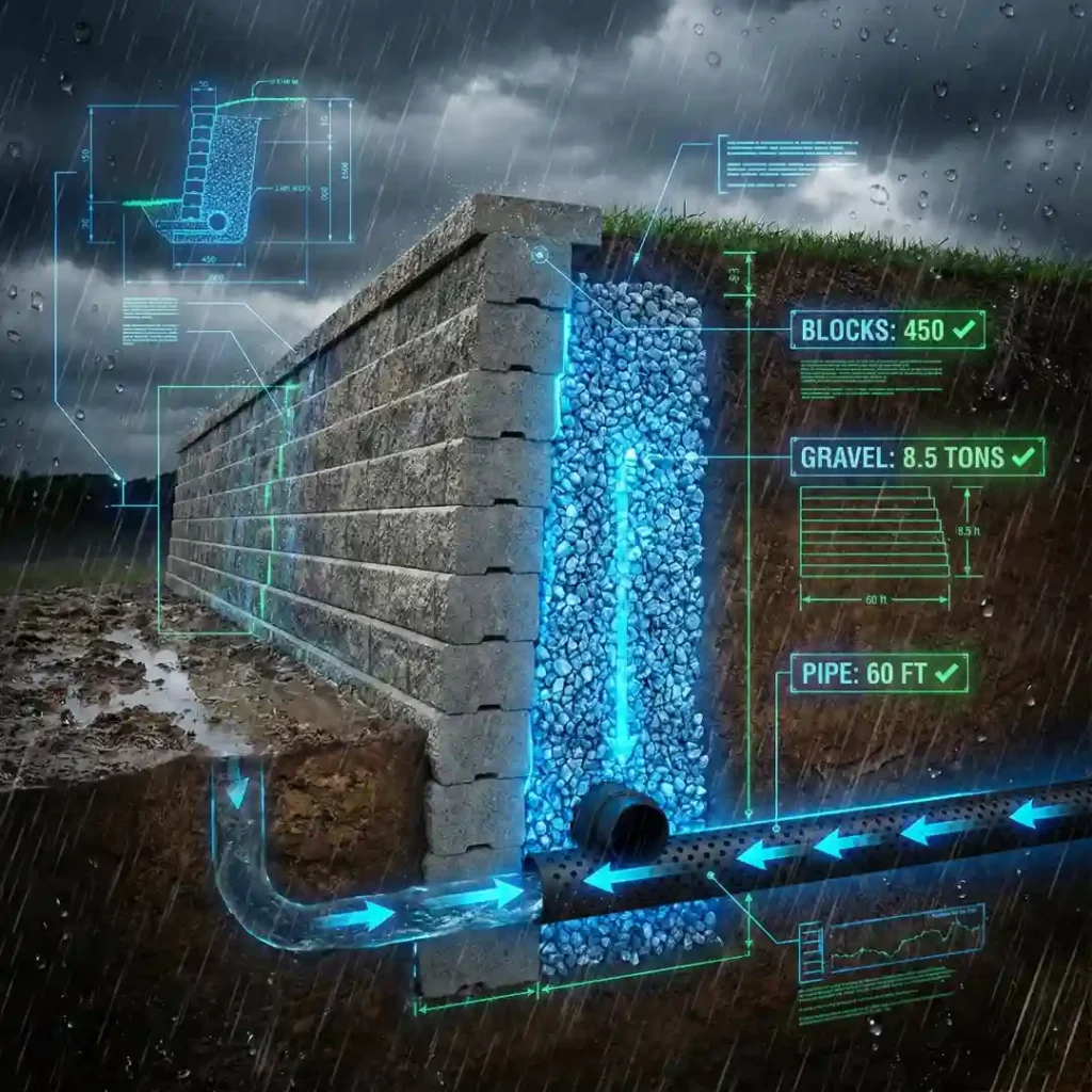 Retaining wall calculator thumbnail showing cross-section of blocks, drainage gravel, and french drain pipe with material estimates