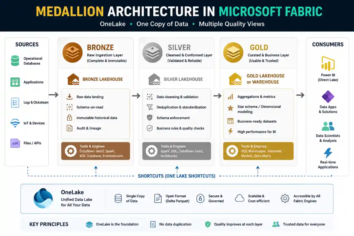 Microsoft Fabric Medallion Architecture diagram showing data flowing from sources into Bronze, Silver, and Gold layers within OneLake