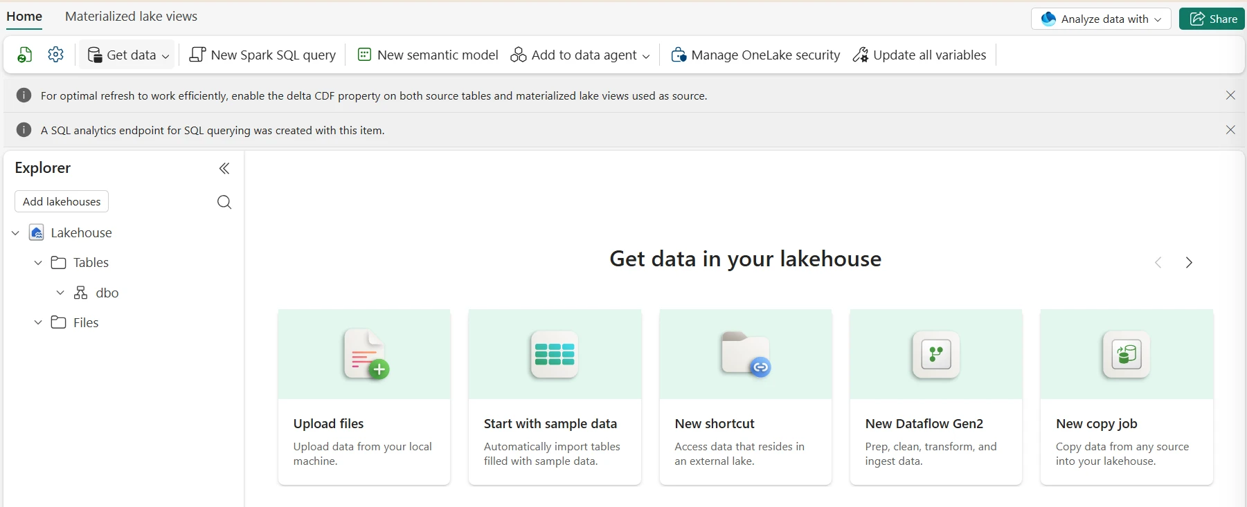 Microsoft Fabric Lakehouse Get data screen showing Upload files, sample data, shortcuts, Dataflow Gen2, and Copy job ingestion options
