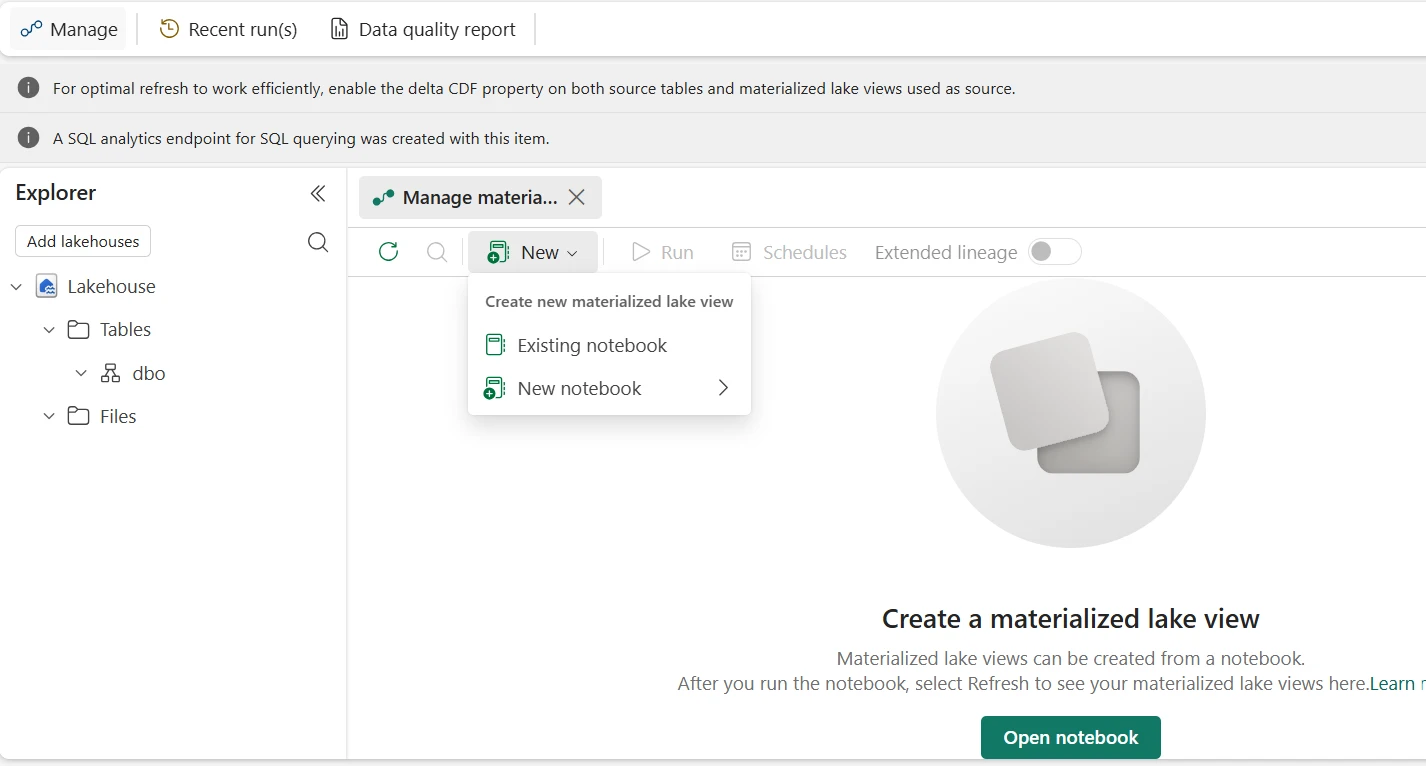 Microsoft Fabric Create a materialized lake view panel with the Extended Lineage toggle visible in the toolbar