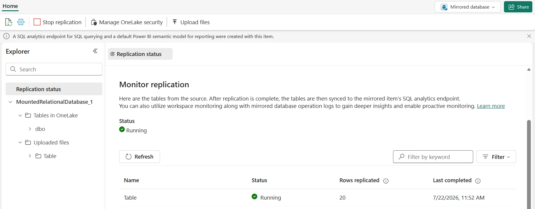 Microsoft Fabric Mirroring Monitor Replication view showing overall status Running and per-table replication row counts with last completed timestamp